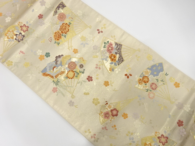 扇散らしに桜・牡丹・鳳凰模様織り出し袋帯